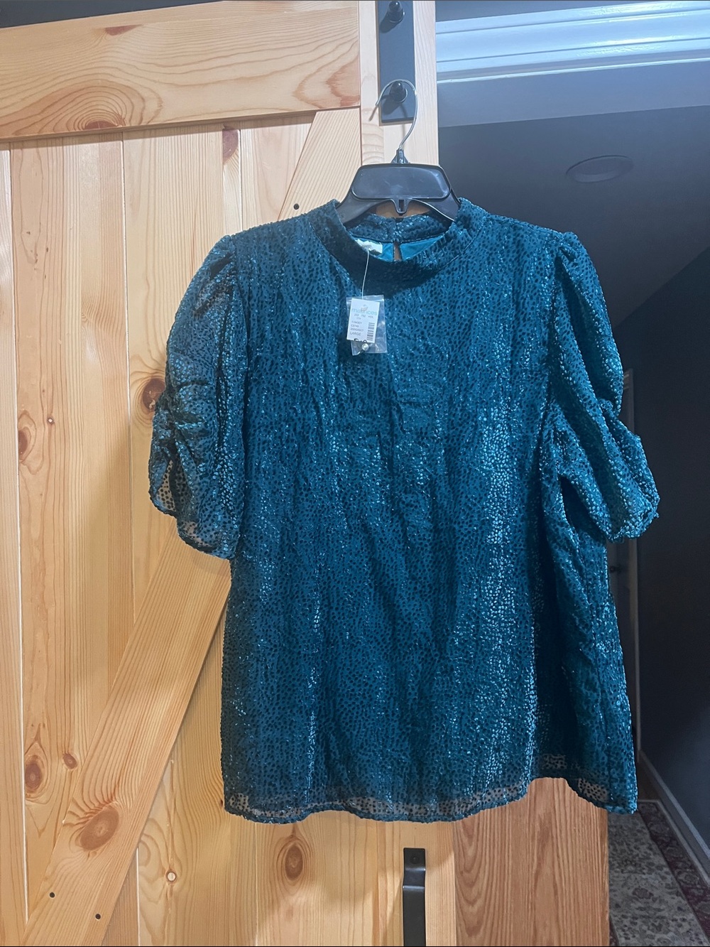Maurices Teal Sparkle Puff Sleeve Blouse size large